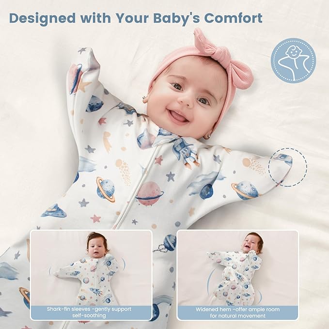ZIGJOY Baby Transitional Swaddles for Newborns: 0.5 Tog Arms Up Sleep Sack 3-6-12 Months Soft Cotton Shark Fin 2 Way Zipper