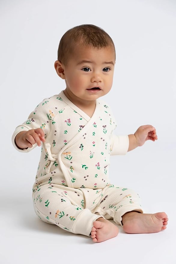monica + andy Kimono Tie Long Sleeve One Piece, 100% Organic Baby Clothes for Girls & Boys, Preemie, Newborn & Infant
