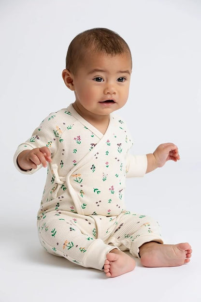 monica + andy Kimono Tie Long Sleeve One Piece, 100% Organic Baby Clothes for Girls & Boys, Preemie, Newborn & Infant