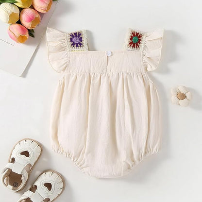 Baby Girl Romper Fall Clothes Ruffle Sleeveless Onesie Crochet Floral Bubble Romper Infant Bodysuit Boho Outfit