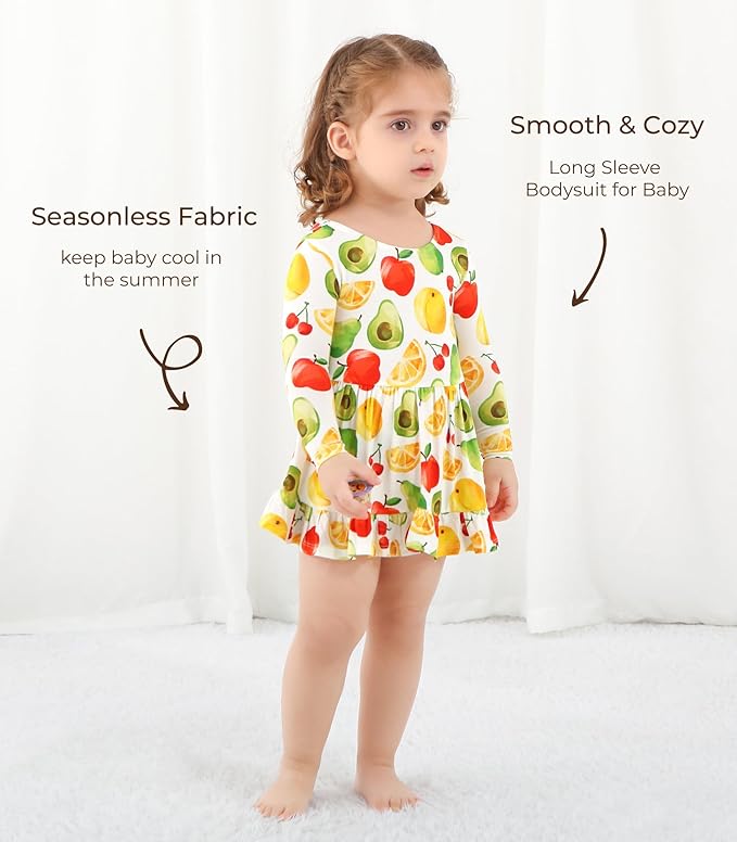 Baby Girl Bodysuit Dress Long Sleeve Twirl Dresses Bamboo Viscose Clothes with Snaps for Easy Diaper Changes