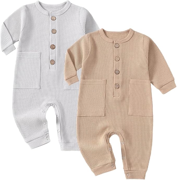 Baby Boys Girls 2 Pack Solid Romper Ribbed Long Sleeve One-Piece Knit Cotton Jumpsuit Outfits Clothes