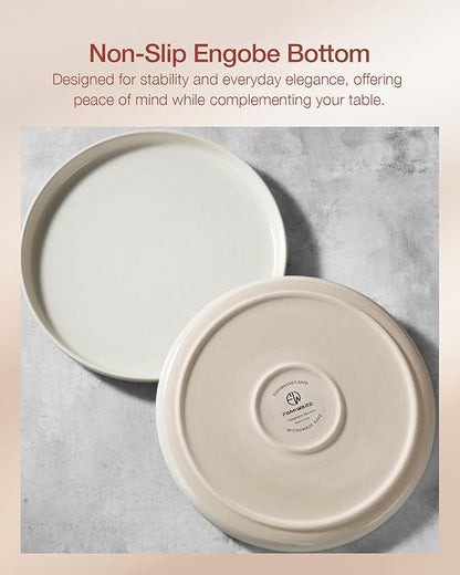 Famiware Milkyway Stoneware Dinnerware Sets with Pasta Bowls, Service for 6 (24 Pieces), Reactive Glaze Plates and Bowls Sets, Microwave and Dishwasher Safe Dishes Set, Matte Beige White