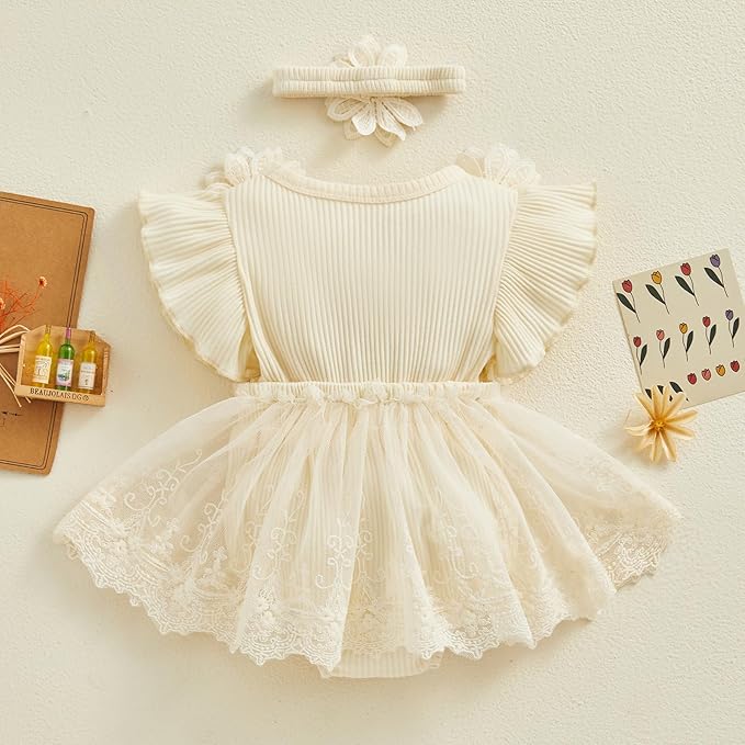 Infant Baby Girl Lace Romper Baby Tulle Dress Romper Flowers Bodysuit Spring Summer Festival Clothes with Headband