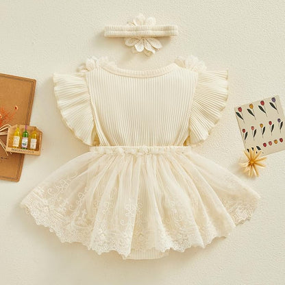 Infant Baby Girl Lace Romper Baby Tulle Dress Romper Flowers Bodysuit Spring Summer Festival Clothes with Headband