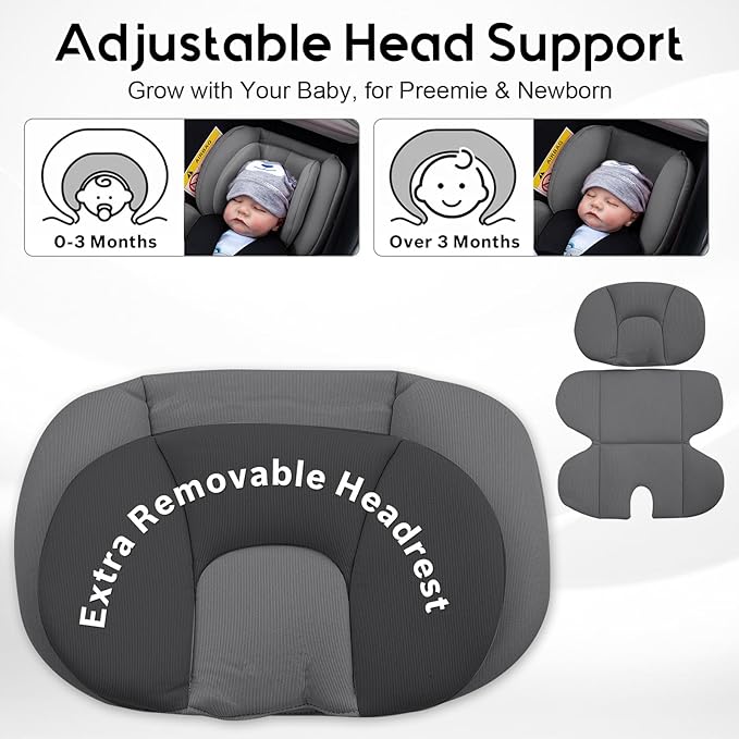 Thickened Carseat Head Support for Infant, Infant Car Seat Insert with Extra Headrest for Preemie to Newborn, Adjustable Baby Car Seat Cushion with Filled Natural Spong