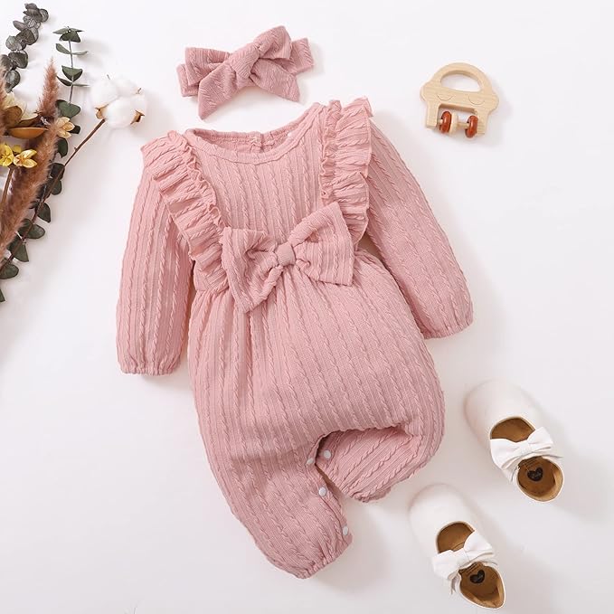 Happy Town Baby Girl Romper Infant Fall Winter Clothes Ruffle Sweater Long Sleeve Bodysuit Jumpsuit and Headband