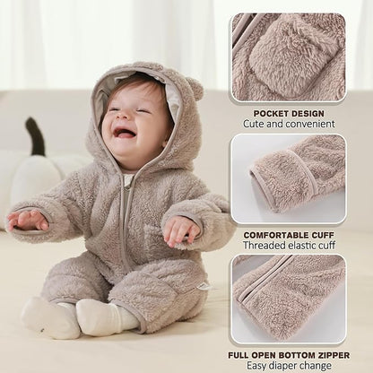 Newborn Baby Bear Outfit With Fold-Over Mittens and Footies Girls Boys Winter Fleece Clothes Hooded Romper Snowsuit