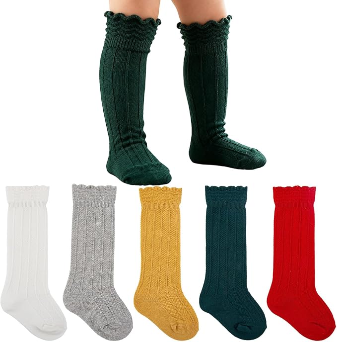 Baby Knee High Socks Girls Newborn Toddlers Cotton Long Tube Ruffle Socks Infant Stockings Dress Sock,5 Pair