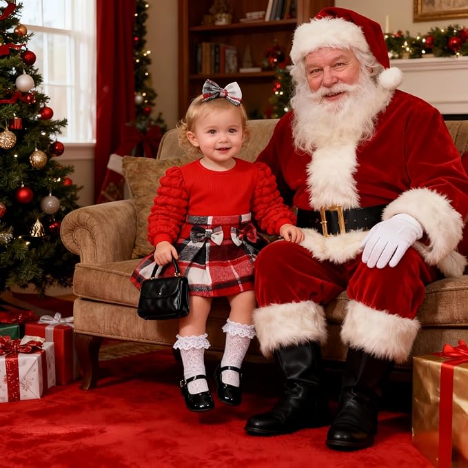 Toddler Baby Girl Plaid Dress Puff Sleeve Bow Patchwork Ribbed Shirts Dress Plaid Fall Winter Outfits with Headband