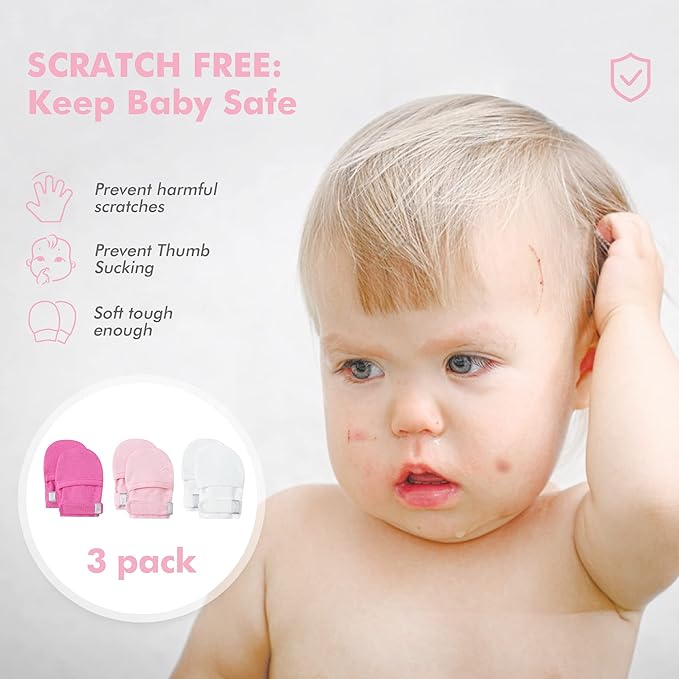 HAPIU Baby No Scratch Mittens Stay On, 100% Cotton Breathable, Adjustable Infant Gloves for Boys Girls, Newborn - 12 M