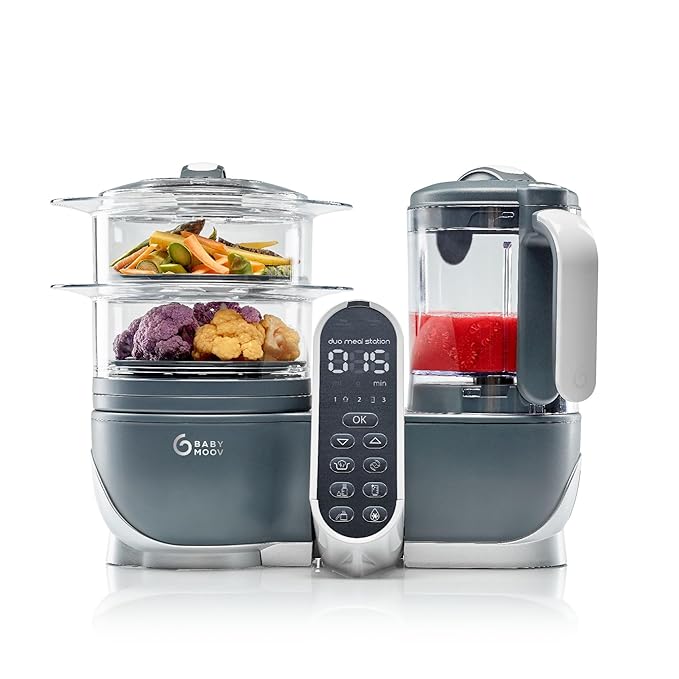 Babymoov Duo Meal Station Grey: Multi-Speed Baby Food Maker Steamer and Puree Blender, Baby Food Processor that warms & defrosts (Nutritionist Approved)