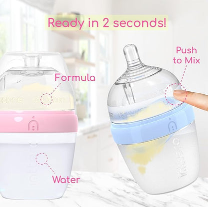 INTTERO Baby Bottles with Built-in Formula Dispenser, Anti-Colic Wide Neck Design for Newborn Feeding and Everyday Baby Essentials, 9 Oz Medium Flow (2 Pack), Modern Blue