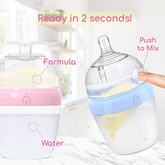 INTTERO Baby Bottles with Built-in Formula Dispenser, Anti-Colic Wide Neck Design for Newborn Feeding and Everyday Baby Essentials, 6 Oz Slow Flow (2 Pack), Deep Magenta