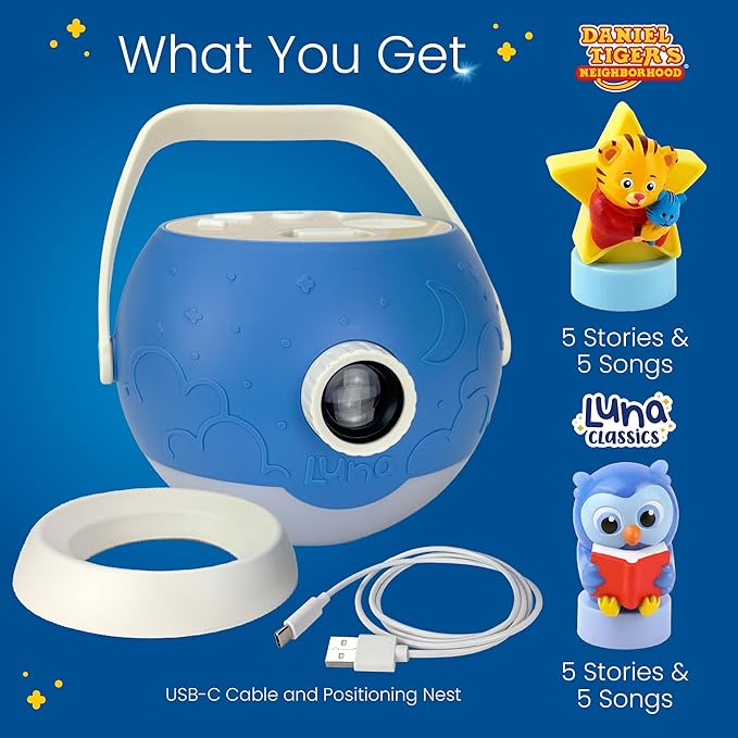 Kids Book Projector – 5 Daniel Tiger & 5 Classic Read-Aloud Stories, 10 Songs & Night Light & Soothing Dream Music | Children Ages 3+ Storytime Projector | Toys, Owl & Daniel Tiger