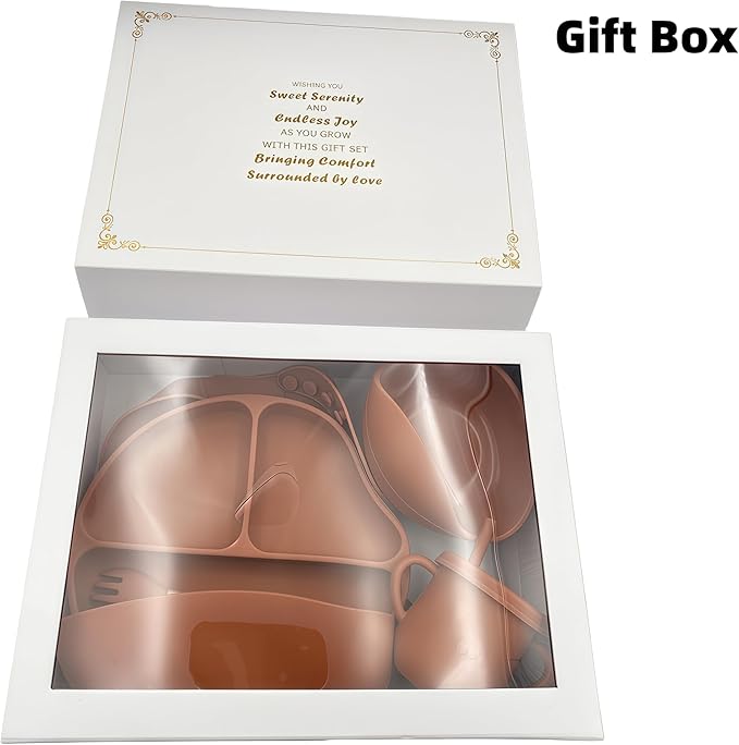 Personalized Name Food Grade 6pcs Baby Feeding Set with Spoon, Fork,Silicone Suction Bowls,Cup,Plate,and bib BPA Free - First Stage Self Feed (Color Modern Terracotta Y27)