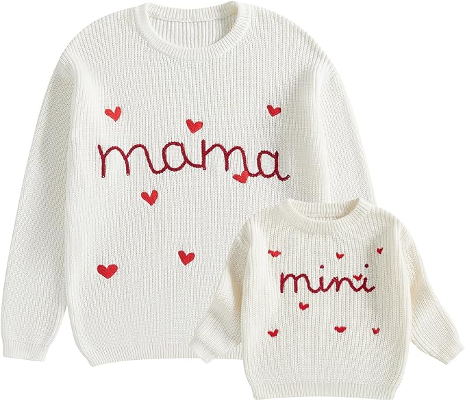 Mommy and Me Sweater Matching Family Outfit Long Sleeve Knit Sweater Pullover Mom and Baby Clothes