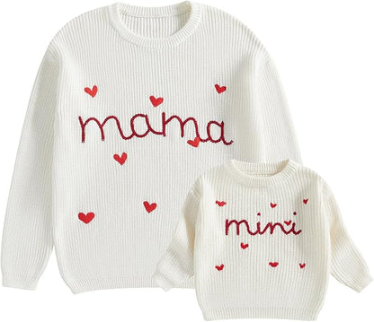 Mommy and Me Sweater Matching Family Outfit Long Sleeve Knit Sweater Pullover Mom and Baby Clothes