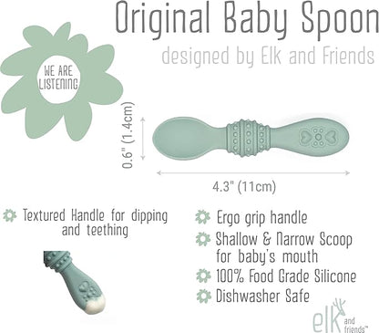 Elk and Friends Silicone Baby Spoons | Travel Case Included | First Stage Infant Toddler Spoon | Baby Led Weaning Stage | Dishwasher Safe