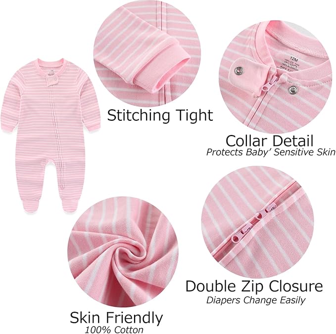 Newborn Baby Boy Girls Clothes 2-Way Zip Footed Cotton Bodysuit 3-Pack Long Sleeve Outfits 0-12Months Baby Pajamas