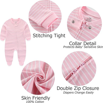 Newborn Baby Boy Girls Clothes 2-Way Zip Footed Cotton Bodysuit 3-Pack Long Sleeve Outfits 0-12Months Baby Pajamas