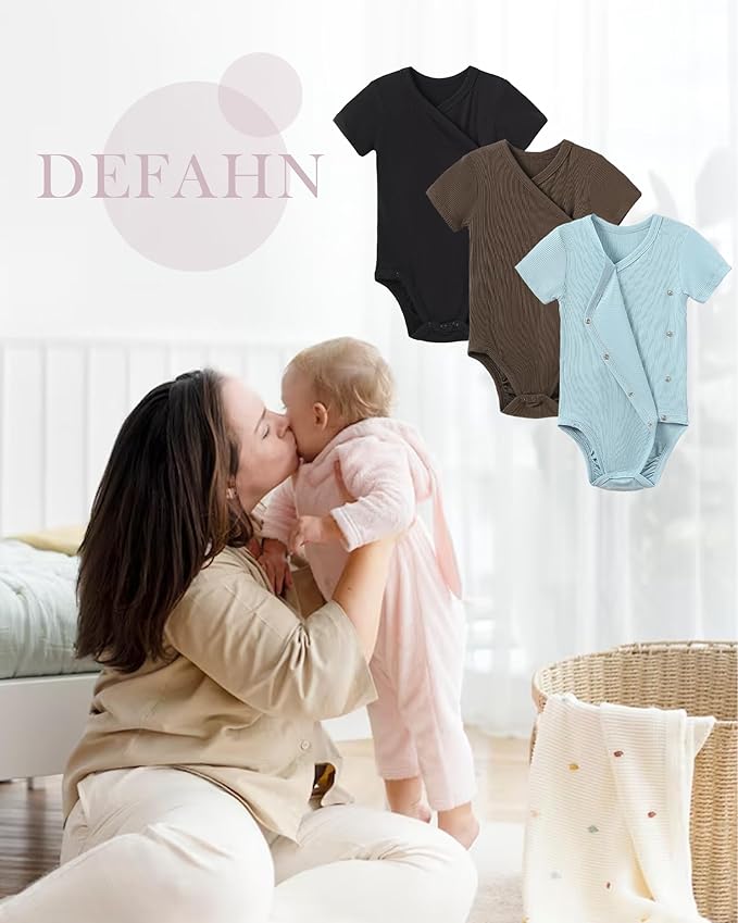 DEFAHN Viscose from Bamboo Baby Side Snap Bodysuit Kimono Onsies 3-Pack Long Short Sleeve Boy Girl Boys