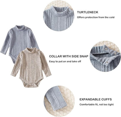 DEFAHN Baby Turtleneck Bodysuit Long Sleeve Boy Girl Ribbed Knit Jumpsuit Outfit 2 Pack Baby Solid Onsies 0-24 Months