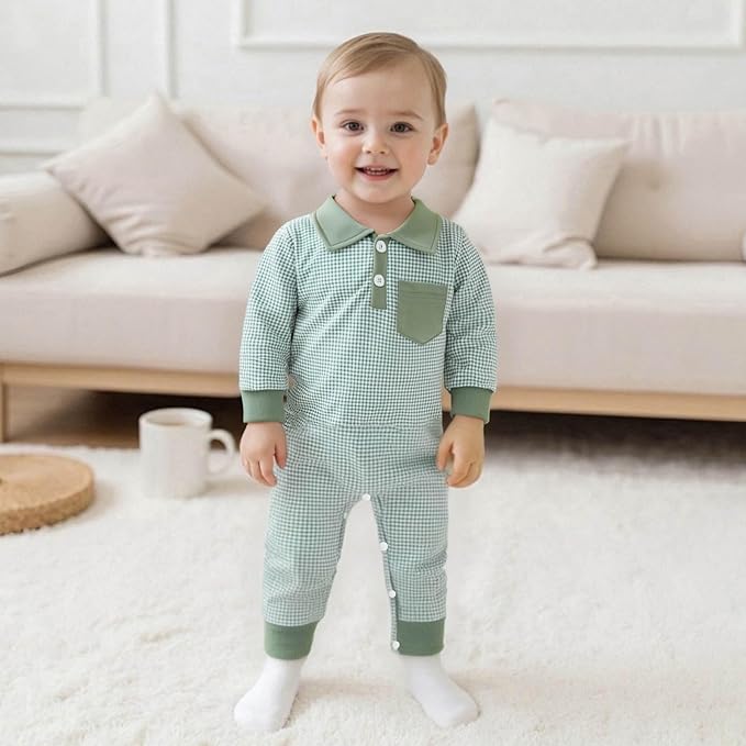 Newborn Baby Boy Winter Clothes Long Sleeve Lapel Jumpsuit Collar Plaid Romper Playsuit Infant Baby Boy Fall Outfit