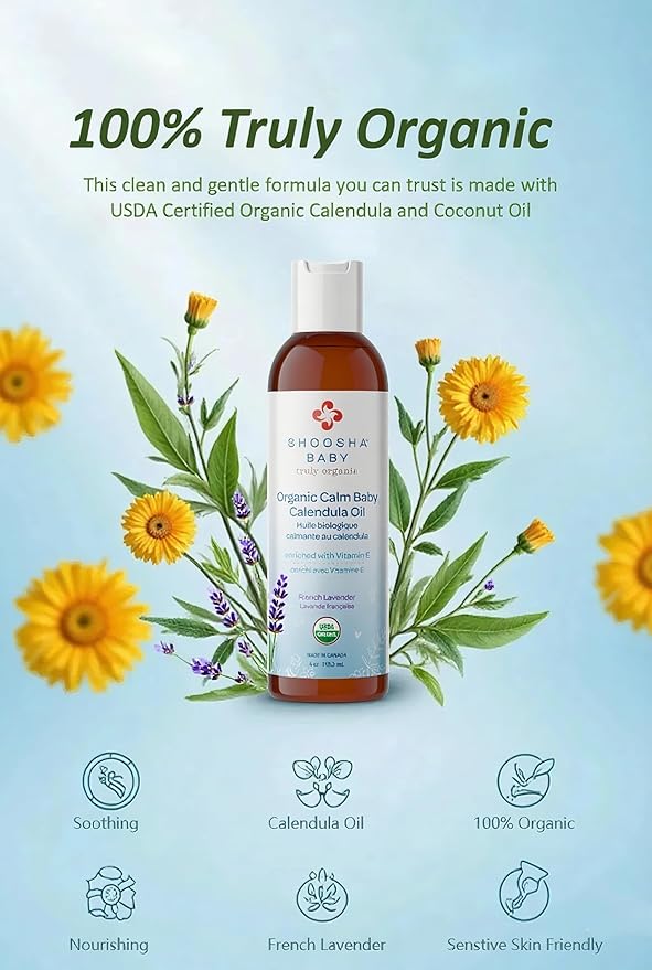 Shoosha Organic Calendula Oil French Lavender, for Babies, Real Calendula Oil, Calendula Massage Oil Moisturizer, Hypoallergenic, Gluten-Free, 100% Biodegradable