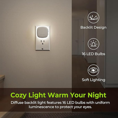 AUVON Plug-in LED Backlit Night Light with Motion Sensor & Dusk to Dawn Sensor, Dimmable Cool White Nightlight with 1-50 lm Adjustable Brightness for Bedroom, Bathroom, Stairs, Hallway (4 Pack)