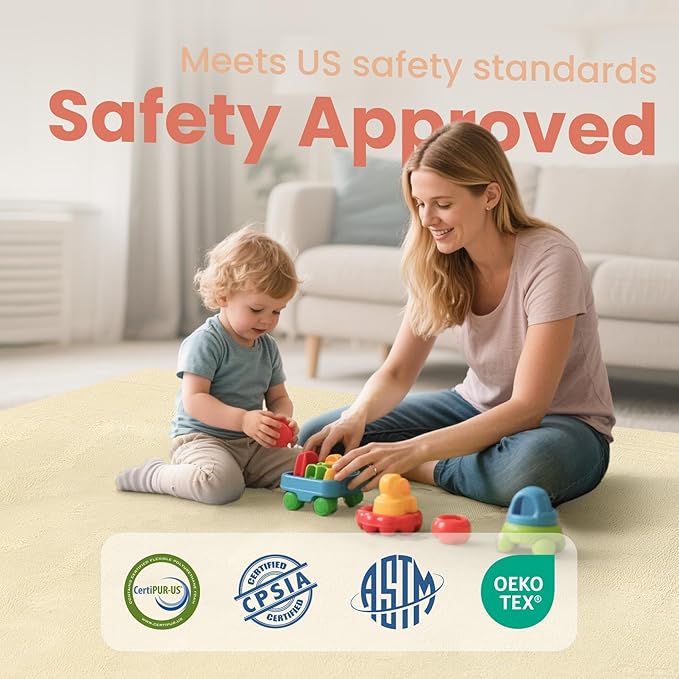 Baby Play Mat for Floor,1.3" Thick Elasti-Foam 50"×50" Playpen Mat for Tummy Time,Water Repellent Soft Coral Velvet for Toddler,Infant,Kids,Non-Slip Backing Safe for Crawling(Vanilla)