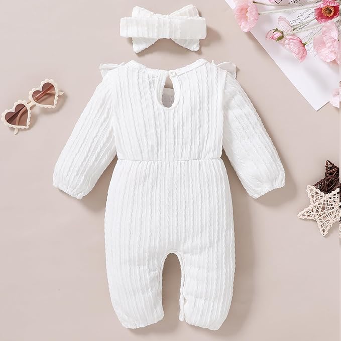 Happy Town Baby Girl Romper Infant Fall Winter Clothes Ruffle Sweater Long Sleeve Bodysuit Jumpsuit and Headband