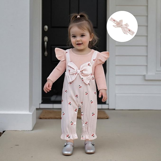 Infant Baby Girl Fall Outfit Romper Cherry Print Fake Two Pieces Patchwork Bow Jumpsuit Newborn Winter Clothes