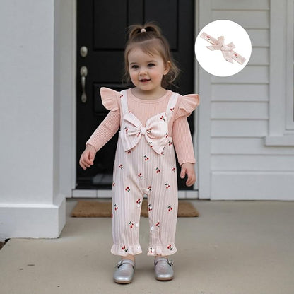 Infant Baby Girl Fall Outfit Romper Cherry Print Fake Two Pieces Patchwork Bow Jumpsuit Newborn Winter Clothes