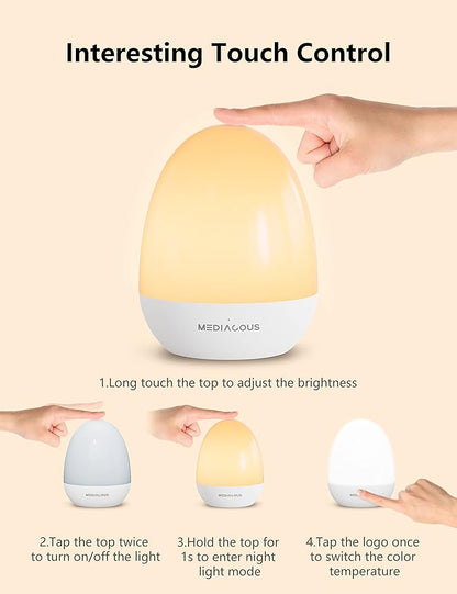 MediAcous Night Lights for Kids Room, Egg Light for Nursery with Stable Charging Pad, Dimmable Baby Night Light with 1H Timer & Touch Control, ABS+PC LED Egg Night Light for Breastfeeding, Up to 200H