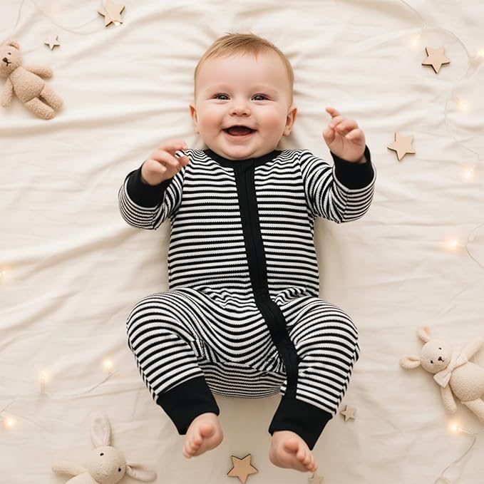 Karuedoo Newborn Infant Baby Boy Clothes Striped Waffle Long Sleeve Zipper Romper Jumpsuit One-Piece Fall Winter Outfit