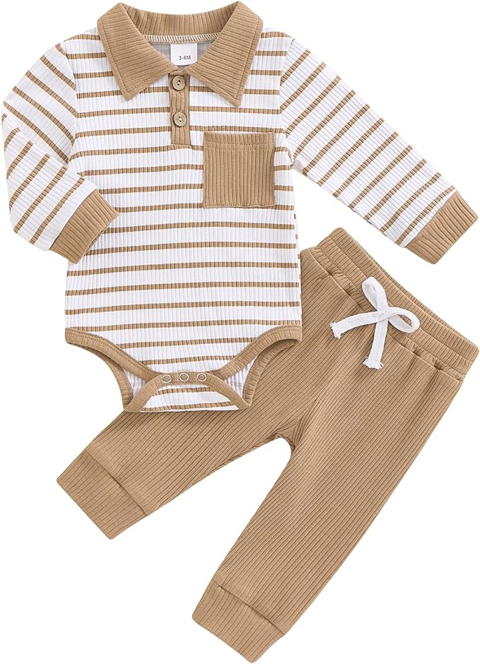 Newborn Baby Boy Girl Clothes Ribbed Knitted Long Sleeve Romper Pants Solid Cotton Infant Fall Winter Outfits 2Pcs