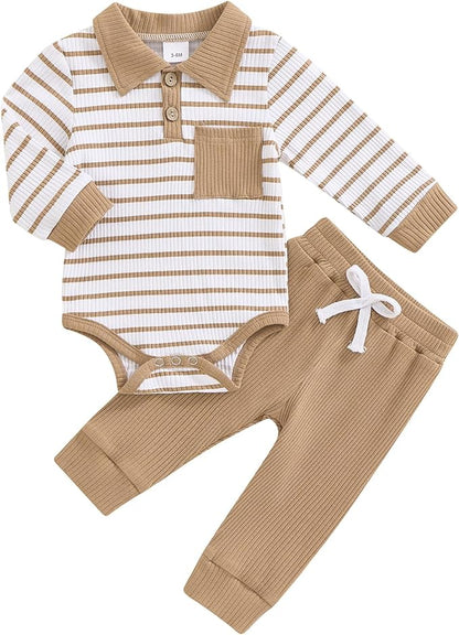 Newborn Baby Boy Girl Clothes Ribbed Knitted Long Sleeve Romper Pants Solid Cotton Infant Fall Winter Outfits 2Pcs