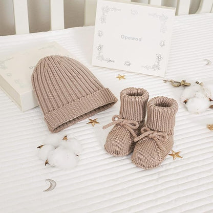 Opewod Baby Hat Booties Set Newborn First Walkers Cozy Socks Shoes Warm Knit Booties Soft Cap for Toddler Infant Boy Girl