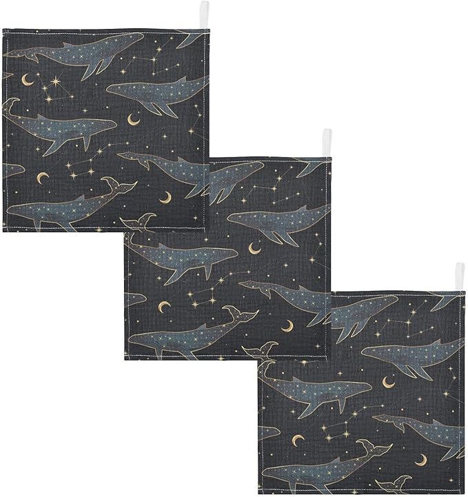 vvfelixl Baby Muslin Washcloths Celestial Constellation Whale Baby Burp Cloths Cotton Baby Face Towel for Newborn Infants Boys Girls Soft and Absorbent 11.8 X 11.8 in, 3 Pack