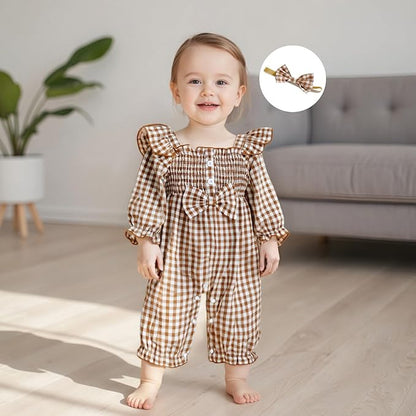 Newborn Infant Smocked Baby Girl Clothes Plaid Bubble Romper Long Leg Bodysuit Bow One-Piece Jumpsuit