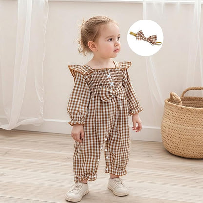 Newborn Infant Smocked Baby Girl Clothes Plaid Bubble Romper Long Leg Bodysuit Bow One-Piece Jumpsuit