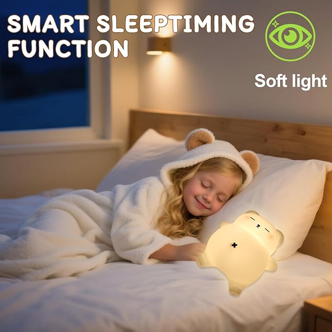 Bear Night Light for Nursery, Rechargeable Soft Silicone Baby Night Lamp with 3-Level Dimming, Touch Control, 30-Min Timer & Soothing Snore Sound, Moving Tummy, Cute Sleepy Bear Kids Bedroom Decor