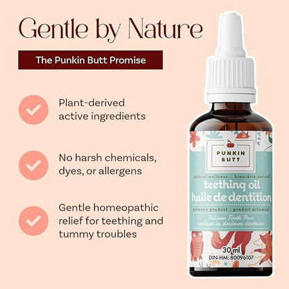Punkin Butt Teething Oil for Babies, Herbal Plant-Based Formula Infused with Chamomile, Clove & Peppermint & Enhanced with Natural Homeopathics - Chamomilla, Phytolacca & Rheum, 1oz Bottle
