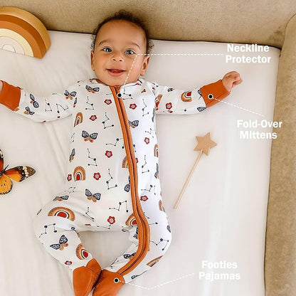 OPAWO Bamboo Baby Pajamas 3 Pack, 2 Way Zipper Newborn Footie Pajamas with Mitten Cuffs, Bamboo Sleepers for Baby Girl Onesie