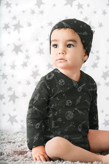 Babysoy Organic Baby Newborn Long Sleeve Pattern Kimono Wrap Around Side Snap Bodysuit/Onesie for Unisex Infants