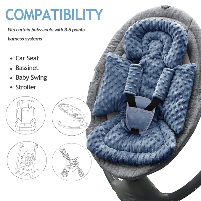 Infant Car Seat Insert Boy Girl, 3 in 1 Newborn Carseat Insert with Strap Pads, Car Seat Head Support for Baby Strollers, Swings, and Bouncers, Comfortable and Machine Washable, Blue