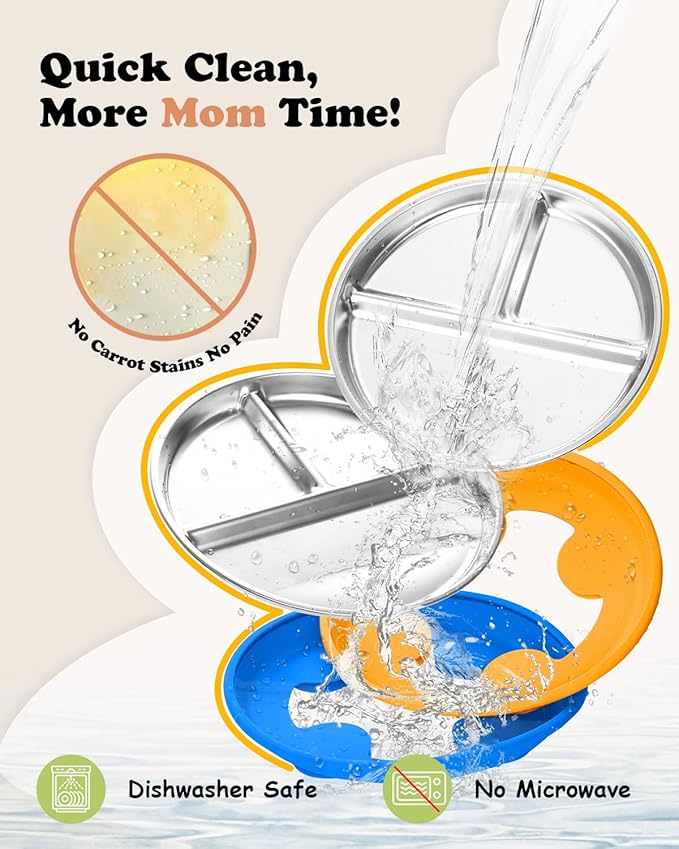 Stainless Steel Toddler Suction Plate with Lid, Deepened 9" Divided Plates with Removable Silicone Sleeves for Kids, Non Toxic Unbreakable Snack Dishes Set of 3, Bright Orange/Blue/Green