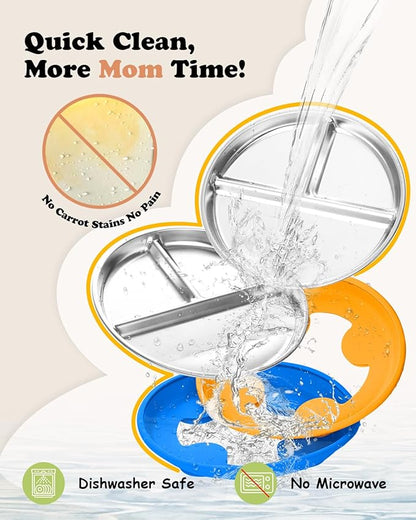 Stainless Steel Toddler Suction Plate with Lid, Deepened 9" Divided Plates with Removable Silicone Sleeves for Kids, Non Toxic Unbreakable Snack Dishes Set of 3, Bright Orange/Blue/Green