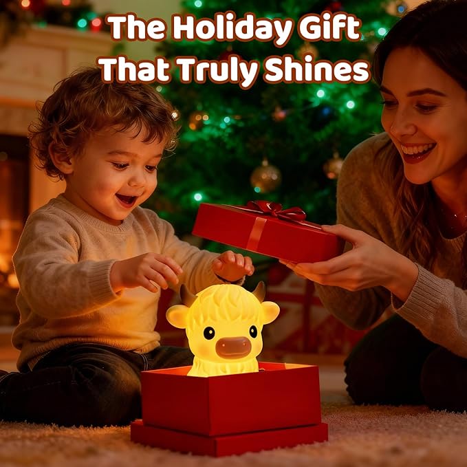 Mewaii Huggwaii Highland Cow Night Light for Kids, Dimmable Squishy Silicone Animal Night Light Touch Cow Lamp, Highland Cow Gifts for Nursery with 30 Auto-Off Timer, Cute Decor for Boys Girls Women